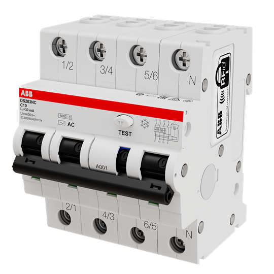 ДТЗ комбинирана DS203NC 3P+N 10A крива C 30mA тип AC 6kA 4 мод. ABB, 2CSR256040R1104
