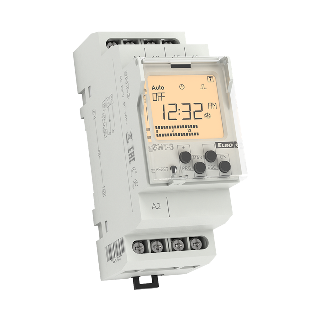 Таймер годишен, цифров с LCD, 1 минута минимален интервал, резерв 3 години, 1c/o 16A, 12...240Vac/dc, 2DIN, Elko EP /изчерпване/, ELKO EP, SHT-3/UNI