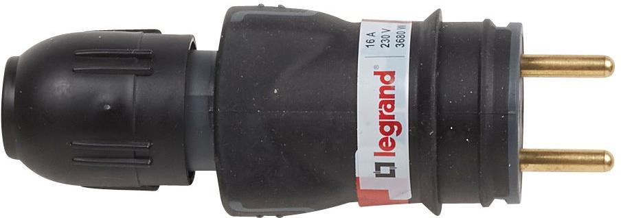 Щепсел френски черен 2P+Т 16A ІР44 250V гумиран с щуцер Legrand /10бр/, LEGRAND, 50110
