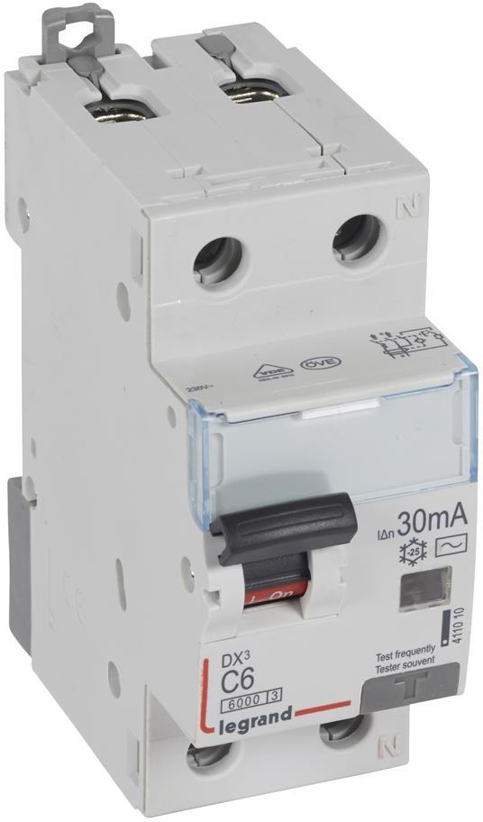 ДТЗ комбинирана DX3 1P+N 6A крива C 30mA тип AC 6kA 2 мод. Legrand, LEGRAND НИСКО НАПРЕЖЕНИЕ, 411010