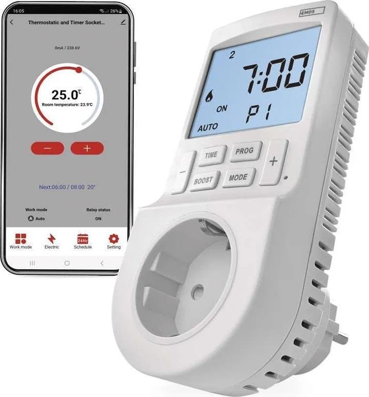 Термостат за отопление или охлаждане 5…40 °C с LCD дисплей 16A към контакт шуко Wi-Fi GoSmart EMOS