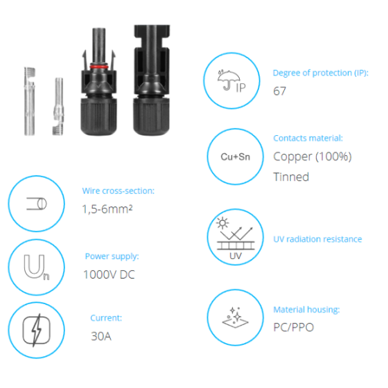 Комплект конектори MC4 за фотоволтаични панели IP67 30A 1000VDC /100 бр./ ORNO, OR-PV-13605/100