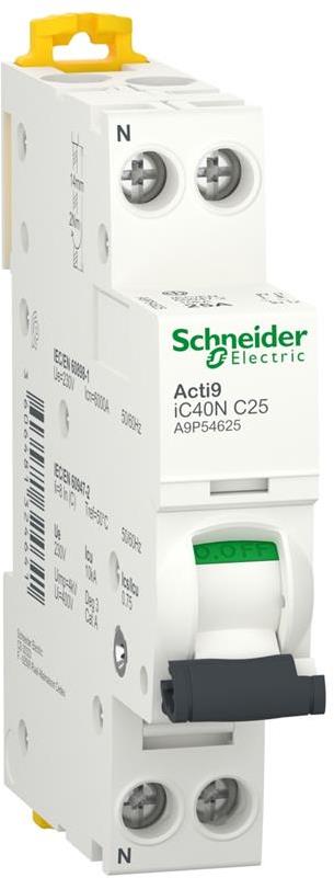 Автоматичен прекъсвач Acti 9 iC40N 1P+N 25A крива C 6kA SE, SCHNEIDER ELECTRIC НИСКО НАПРЕЖЕНИЕ, A9P54625