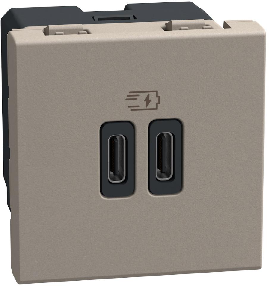 Розетка 2xUSB за зареждане тип C 3A 15W 2 мод. цвят Камък Light Now Bticino, BTICINO, YG4286C2