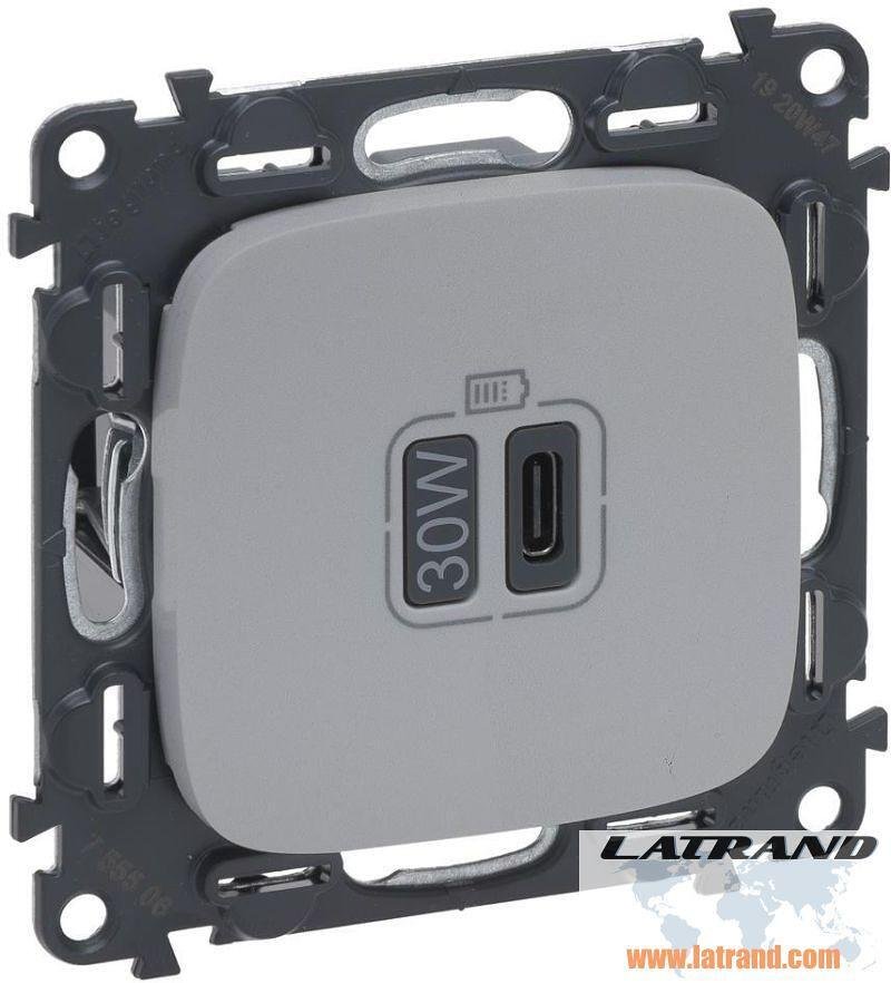 LEGRAND - Розетка USB за зареждане тип C Power Delivery 30W цвят Алуминий Valena Allure (комплект с механизъм) Legrand 755508