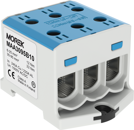 Тунелна клема СИНЯ 1P 245A с 6 отвора OTL95-3 3xAl/Cu 6-95mm² 1000V MOREK, MAA3095B10