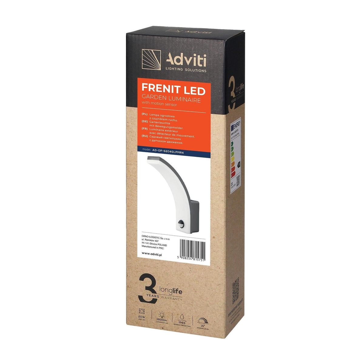 FRENIT LED 20W, градинско осветително тяло със сензор за движение, 2000lm, IP65, 4000K, димер, сиво - AD-OP-6204GLPMR4, ADVITI