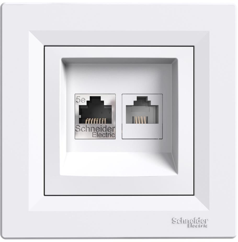 Розетка RJ45 UTP cat.5е + RJ12 моноблок цвят Бял Asfora SE, SCHNEIDER ELECTRIC, EPH4900121