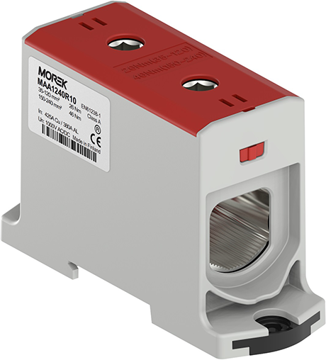 Тунелна клема ЧЕРВЕНА 1P 425A с 2 отвора OTL240 1xAl/Cu 35-240mm² 1000V MOREK, MAA1240R10