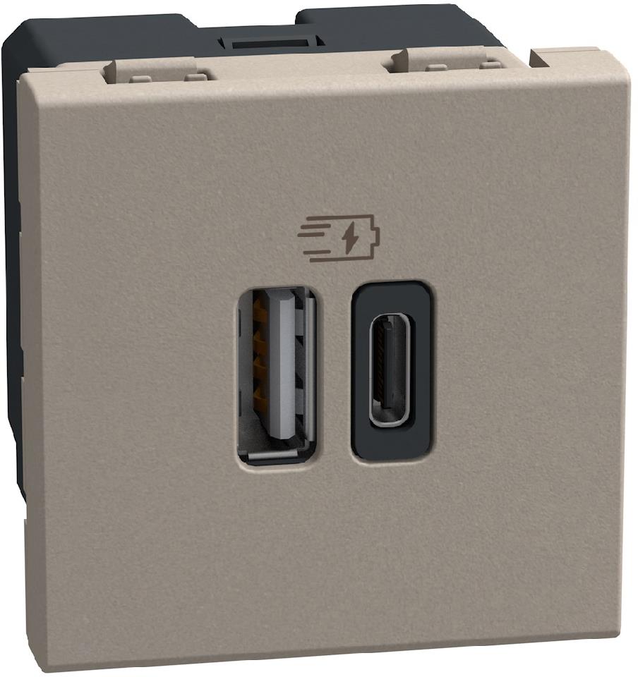 Розетка 2xUSB за зареждане тип A+C 3A 15W 2 мод. цвят Камък Light Now Bticino, BTICINO, YG4287C2