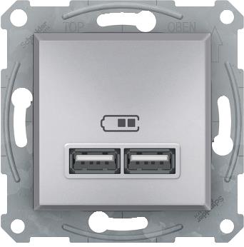 Розетка 2хUSB за зареждане тип A 2.1A 10.5W цвят Алуминий Asfora SE, SCHNEIDER ELECTRIC, EPH2700261