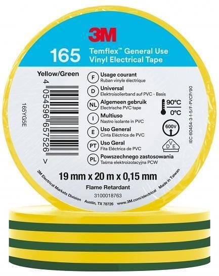Изолационна лента цвят ЖЪЛТО/ЗЕЛЕНА Temflex 165 0.15мм х 19мм, дължина 20м 3M - 3M740202008