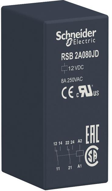 Реле интерфейсно RSB 12 VDC, 8A, 2 превключващи контакта, монтаж в цокъл SE, SCHNEIDER ELECTRIC НИСКО НАПРЕЖЕНИЕ, RSB2A080JD