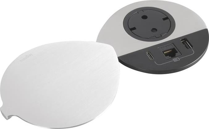 Модул за вграждане в бюро с 1х Шуко, USB тип A+C и 1х RJ45 Cat.6 UTP, кабел 2m, Ø80mm, цвят ЧЕРЕН с капак, Incara Disq Legrand, LEGRAND, 654713