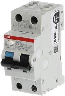 ДТЗ комбинирана DS201 1P+N 10A крива C 30mA тип AC 6kA 2 мод. ABB, 2CSR255080R1104