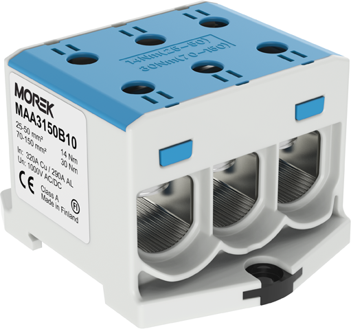 Тунелна клема СИНЯ 1P 320A с 6 отвора OTL150-3 3xAl/Cu 25-150mm² 1000V MOREK, MAA3150B10