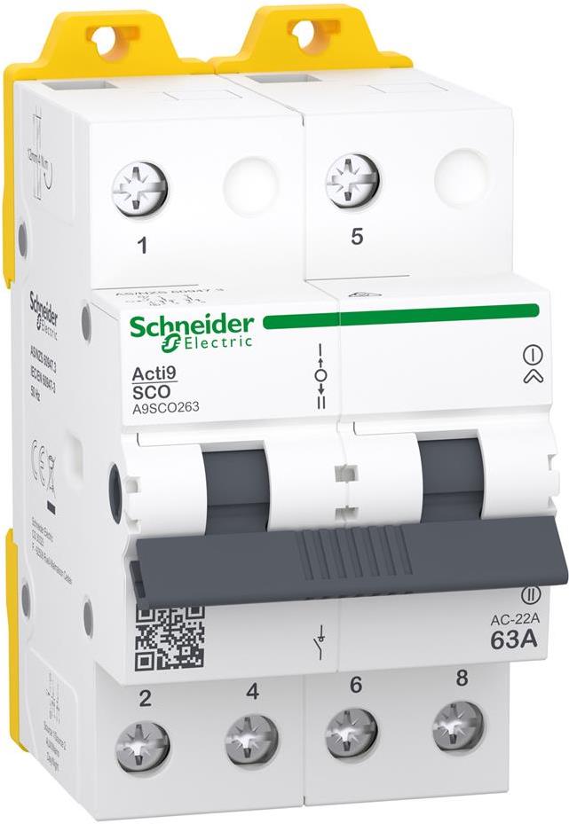 Ум шалтер I-0-II DIN монтаж Acti 9 iSSW 63A 2P 415V 3 мод. SE, SCHNEIDER ELECTRIC НИСКО НАПРЕЖЕНИЕ, A9SCO263