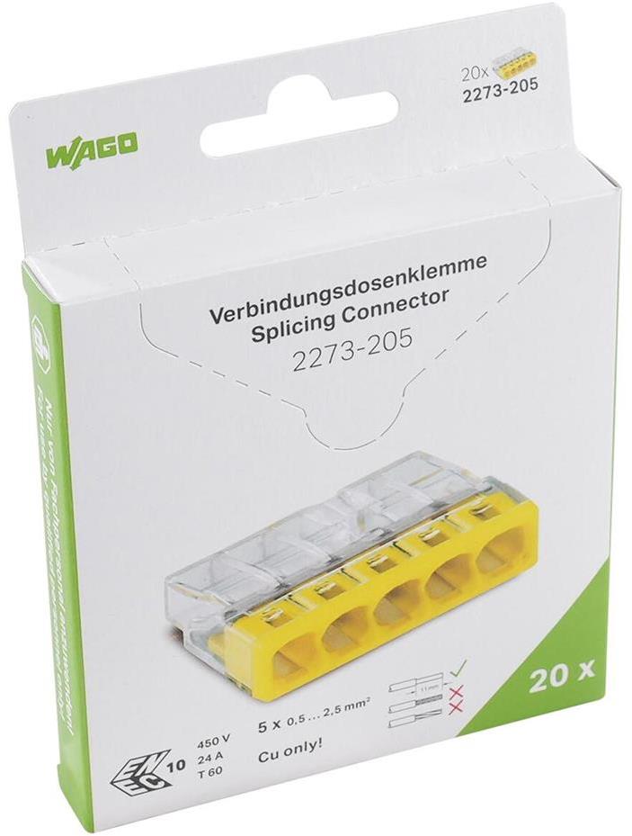 Бърза връзка 5х0,5-2,5 mm2 жълта за твърд проводник (блистер 20 бр.) Wago, WAGO, 2273-205/995-020