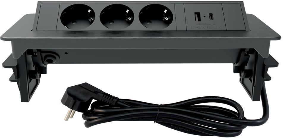 Мебелна кутия Pop-Up, с контакти 3х шуко, 2х USB тип A+C, кабел 2m, цвят ЧЕРЕН, Commel, COMMEL, C235-102