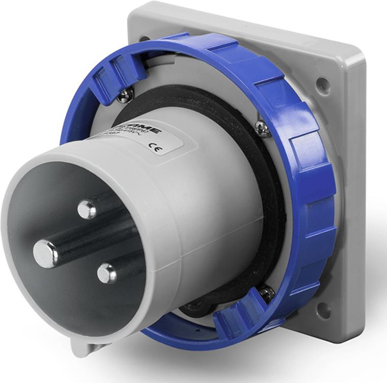 Промишлен щепсел 2P+Е 63A 200-250V IP66/67, 6h серия Optima панелен монтаж 100x110мм Scame, SCAME, 248.6393