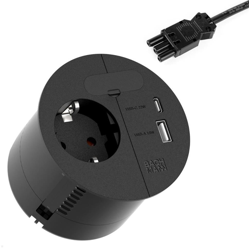 Модул LOOP IN CHARGE с 1x Шуко и USB A+C Power Delivery 22W Ф80мм, цвят Черен, Bachmann, BACHMANN, B938.203