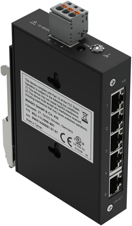 Мрежов комутатор, 5x 10/100 Mbps, за DIN монтаж, 12…48V DC Eco Wago, WAGO, 852-111/000-001