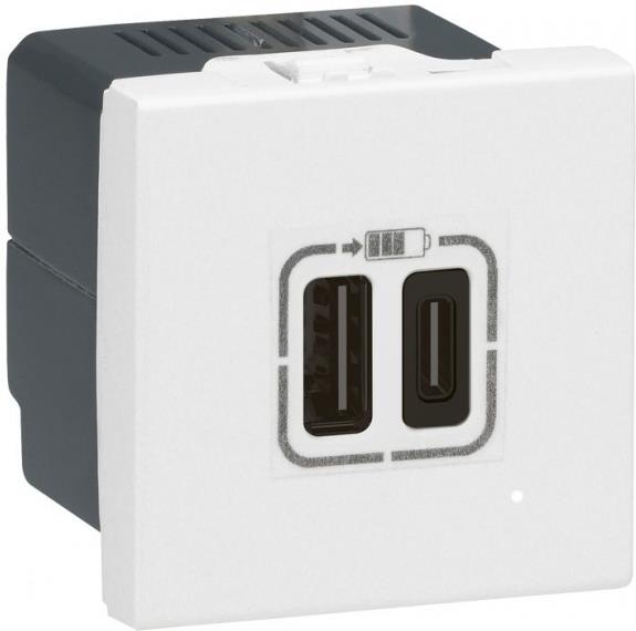 Розетка 2хUSB за зареждане тип A+C 3A 15W 2 мод. цвят Бял Mosaic Legrand, LEGRAND, 77592