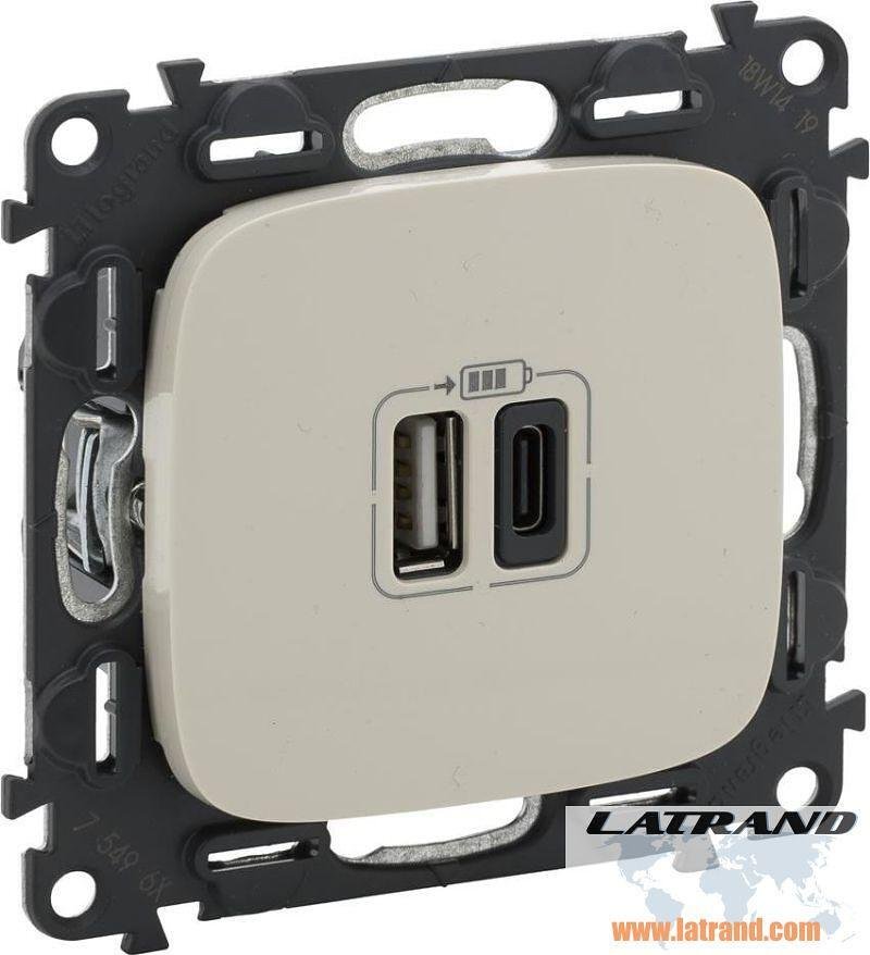 Розетка 2хUSB за зареждане тип A+C 5V 3A 15W цвят Крем Valena Allure (комплект с механизъм) Legrand - 754966