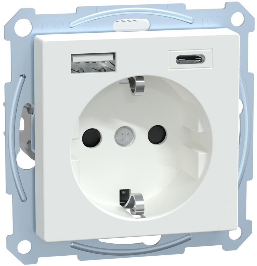 Механизъм контакт шуко 16A + USB A+C 3A 15W с лицев панел цвят Активно бял System M Merten SE, SCHNEIDER ELECTRIC, MEG2367-0325