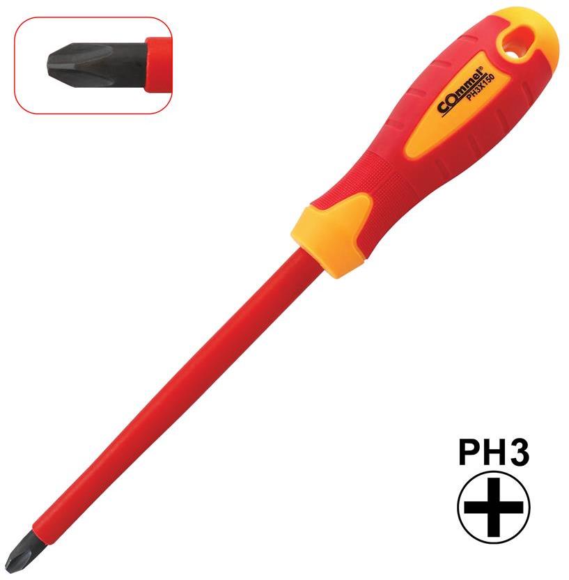Отвертка PH3 8x150, VDE 1000V жълто-червена ръкохватка, Commel, COMMEL, C370-214