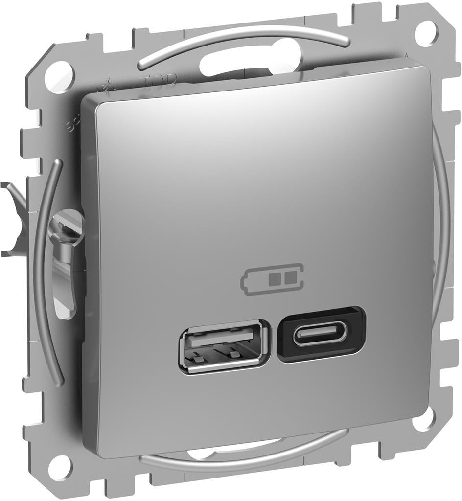 Розетка 2хUSB за зареждане тип A+C Power Delivery 45W цвят Алуминий Sedna SE, SCHNEIDER ELECTRIC, SDD113404