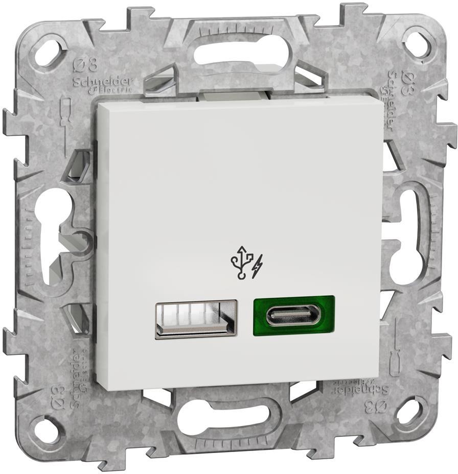 Розетка 2хUSB за зареждане тип A+C Power Delivery 45W с носеща рамка 2 мод. цвят Бял Unica SE, SCHNEIDER ELECTRIC, NU501318