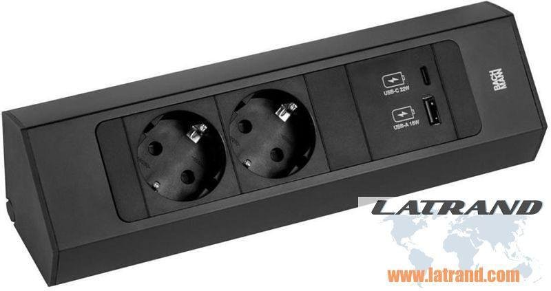 Модул CASIA 2 с 2x Шуко и USB A+C, с възможност за ъглов монтаж, захранващ кабел 2м, цвят Черен, Bachmann