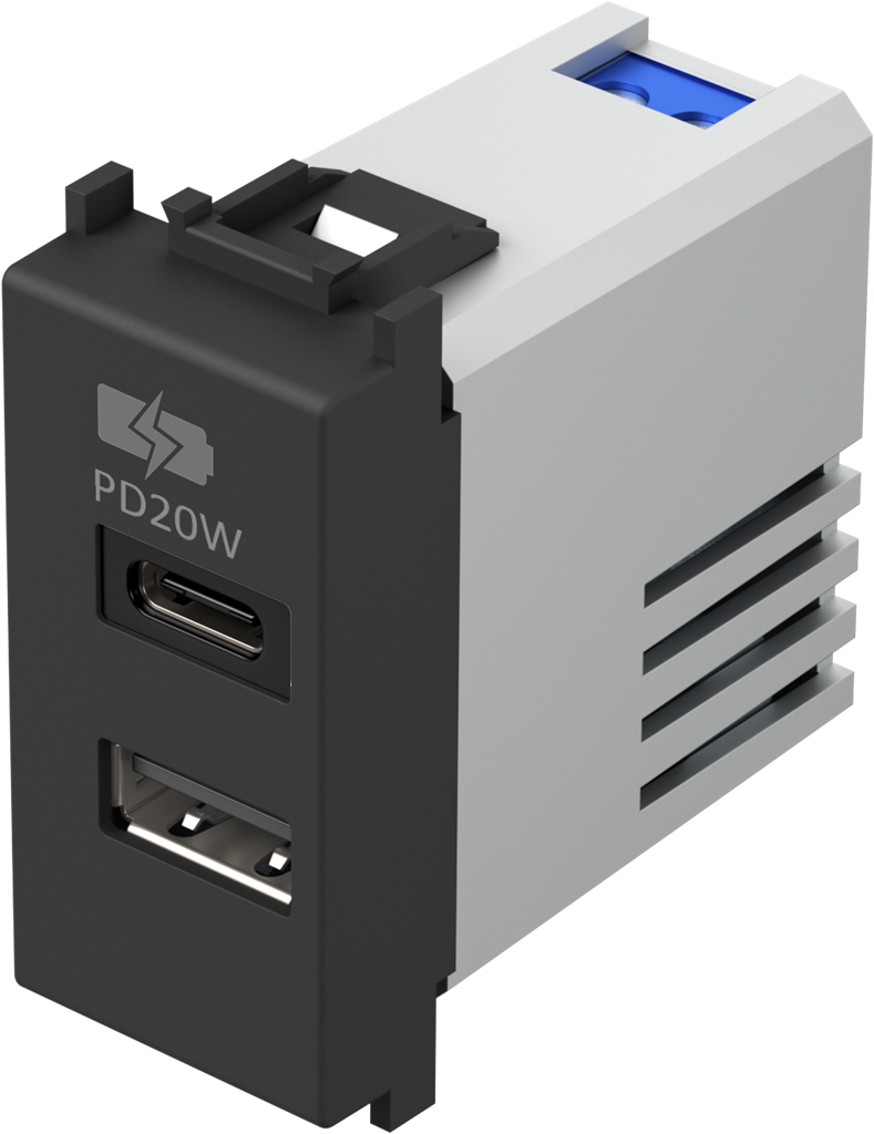 Розетка 2хUSB за зареждане тип A+C Power Delivery 20W 1 мод. цвят Черен мат Modul TEM, EM69SB