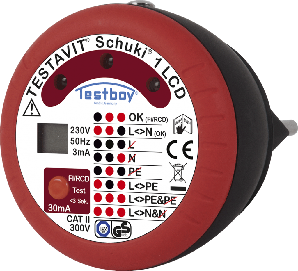 Тестер за контакт шуко CAT II 300Vac, ДТЗ 30mA, LED и LCD, Testavit Schuki 1 Testboy, TESTBOY, 4028532200077