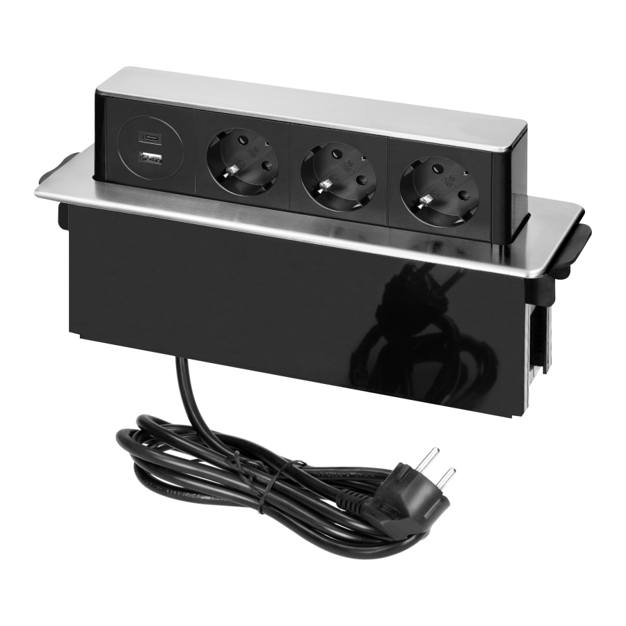 Мебелна кутия Pop-Up, с контакти 3х шуко, 2х USB тип A+C Power Delivery 20W, кабел 2m, 273x65x93mm, цвят ИНОКС, ORNO, OR-GM-9050(GS)/B-G