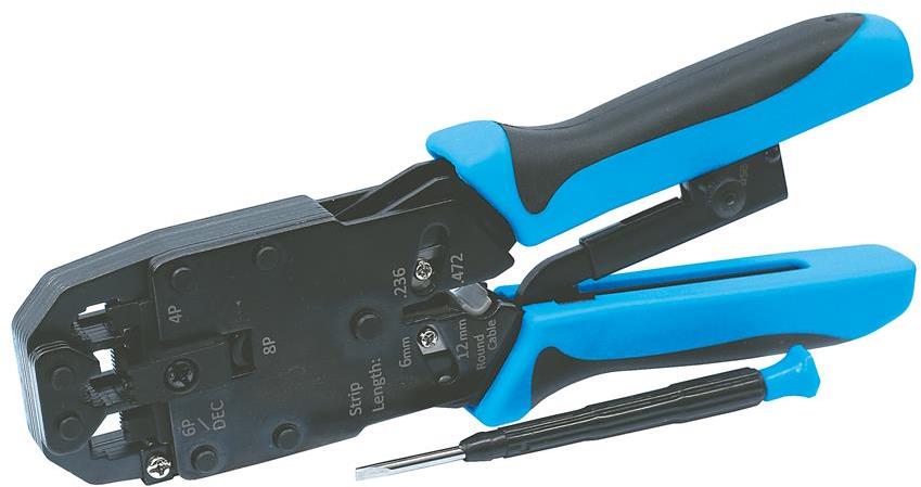 Инструмент за кримпване на RJ45 и RJ10, заголване и рязане, синьо-черна ръкохватка 220мм, с пружина, Legrand, LEGRAND, 51709