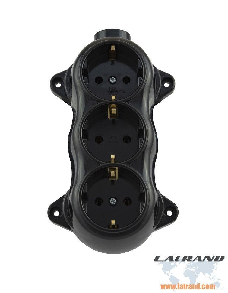 ATRA - Троен контакт шуко 16А открит монтаж IP21 черен - 5221, АТРА