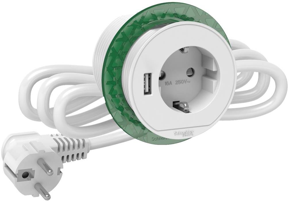 Модул за вграждане в бюро 1х шуко и 1xUSB тип A, кабел 2м, цвят Бял Unica System+ SE, SCHNEIDER ELECTRIC, INS44004