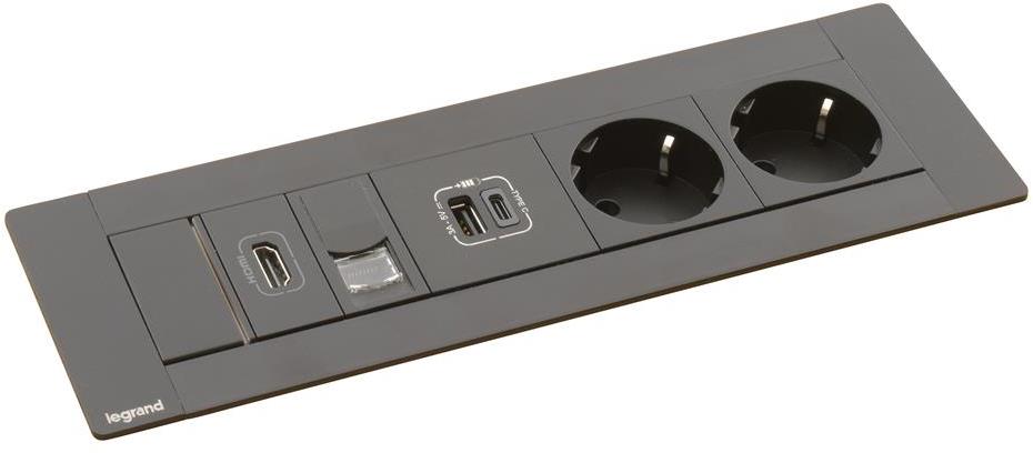 Мебелна кутия с 2х Шуко, USB тип A+C, HDMI и RJ45 Cat.6 UTP, кабел 2m, 247x80mm, цвят ЧЕРЕН, Incara Multilink Legrand, LEGRAND, 654787