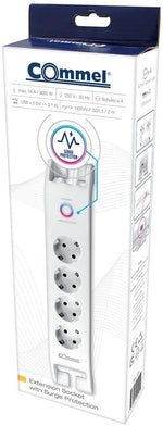 Разклонител с копче БЯЛ 4x2P+E с 2xUSB тип А и гръмозащита, с кабел 2 метра / 1.5mm2 Commel, COMMEL, C380-108