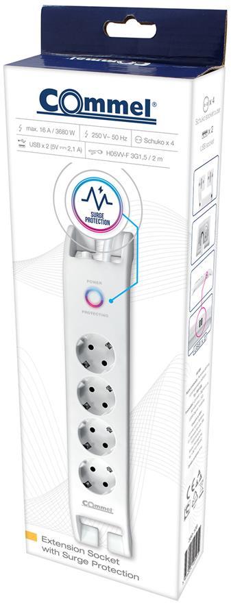 Разклонител с копче БЯЛ 4x2P+E с 2xUSB тип А и гръмозащита, с кабел 2 метра / 1.5mm2 Commel, COMMEL, C380-108