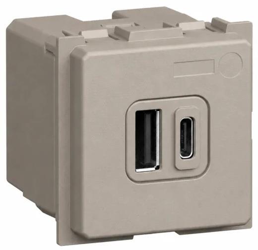 Розетка 2xUSB за зареждане тип C+C PD 20W 2 мод. цвят Камък Light Now Bticino, BTICINO, YG4292CC