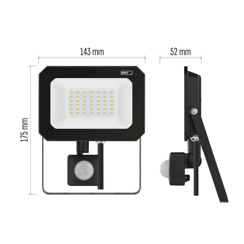 Прожектор LED 30W 4000K 3000lm 120° x 120° 25000h IP44 черен с датчик SIMPO EMOS