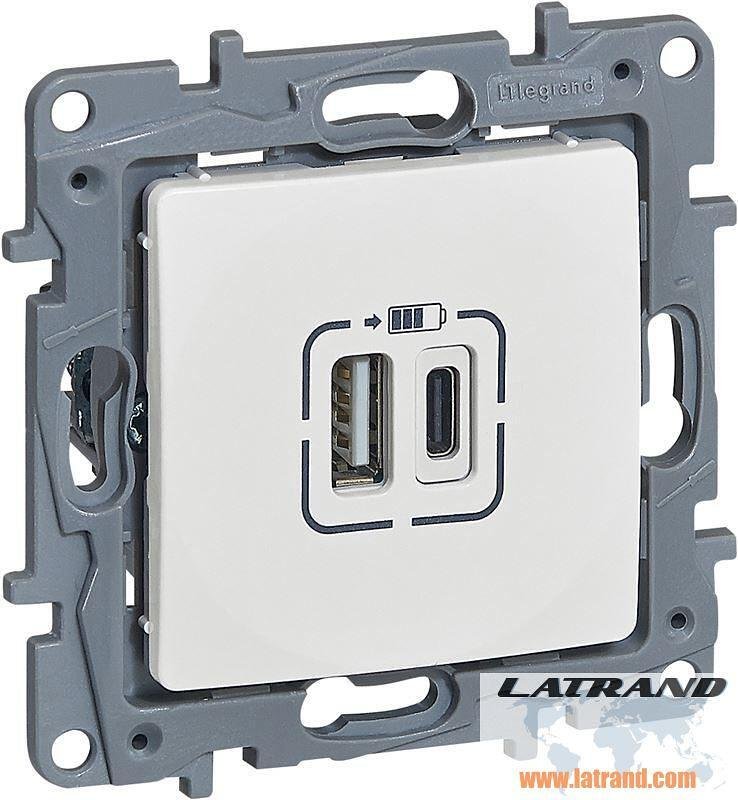 Розетка 2хUSB за зареждане тип A+C 5V 3A 15W цвят Бял Niloe Legrand - 764597