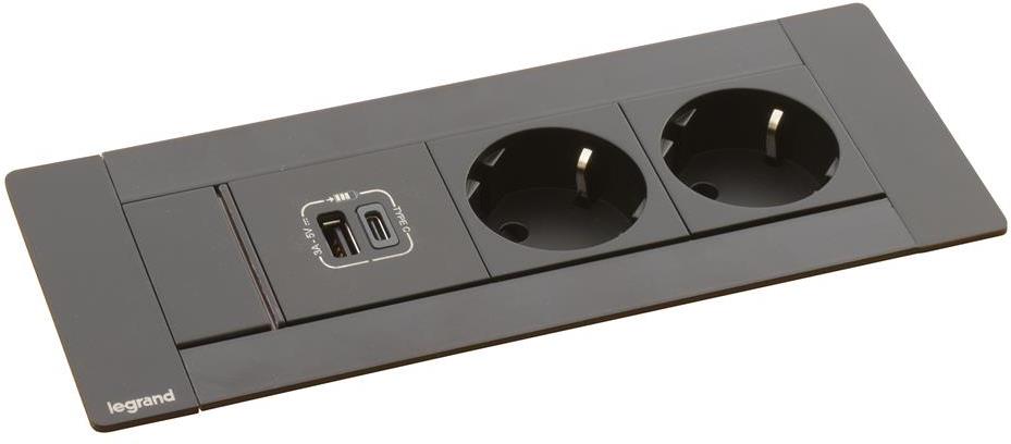 Мебелна кутия с 2х Шуко и USB тип A+C, кабел 2m, 202x80mm, цвят ЧЕРЕН, Incara Multilink Legrand, LEGRAND, 654786