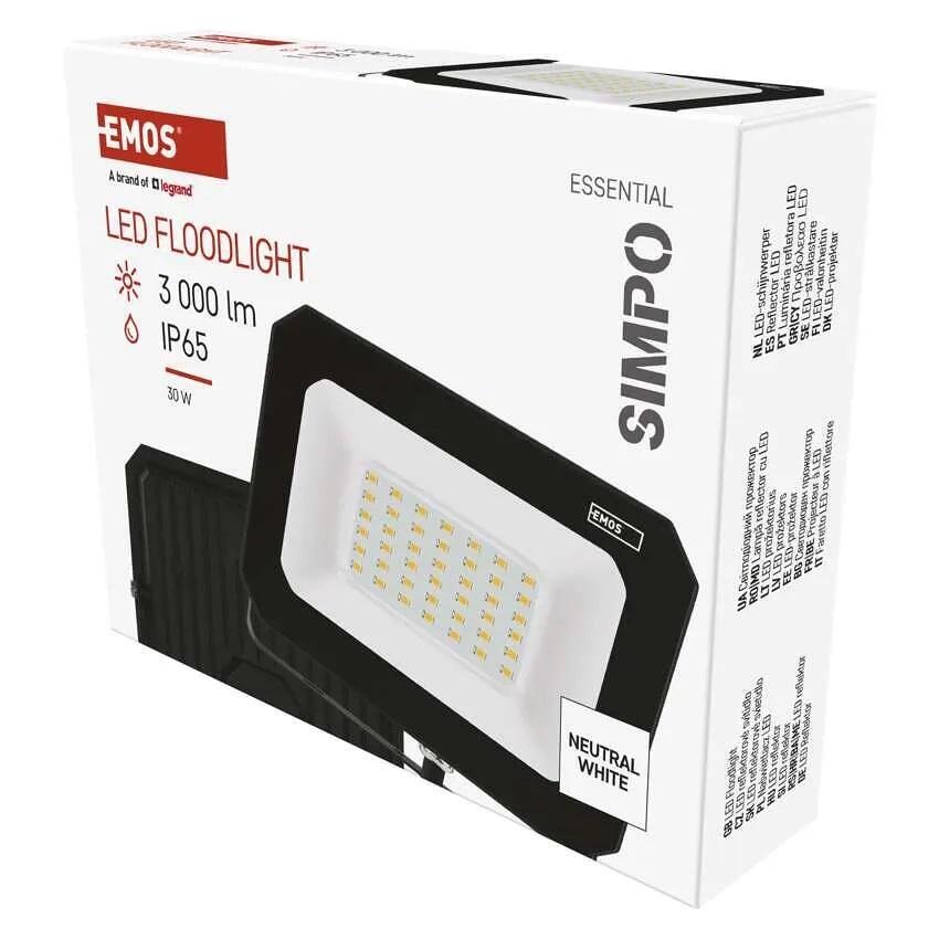 Прожектор LED 30W 4000K 3000lm 120° x 120° 25000h IP65 черен SIMPO EMOS