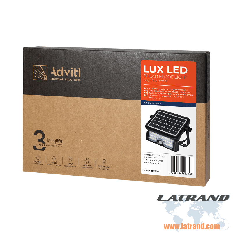 LUX LED  соларен прожектор със сензор за движение,5W, 500lm, IP65, 4000K, 2x1500mAh, черен - AD-SL-6108BLR4, ORNO