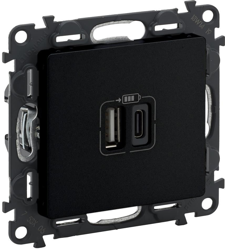 Розетка 2хUSB за зареждане тип A+C 3A 15W цвят Черен Valena Life Legrand, LEGRAND, 756306