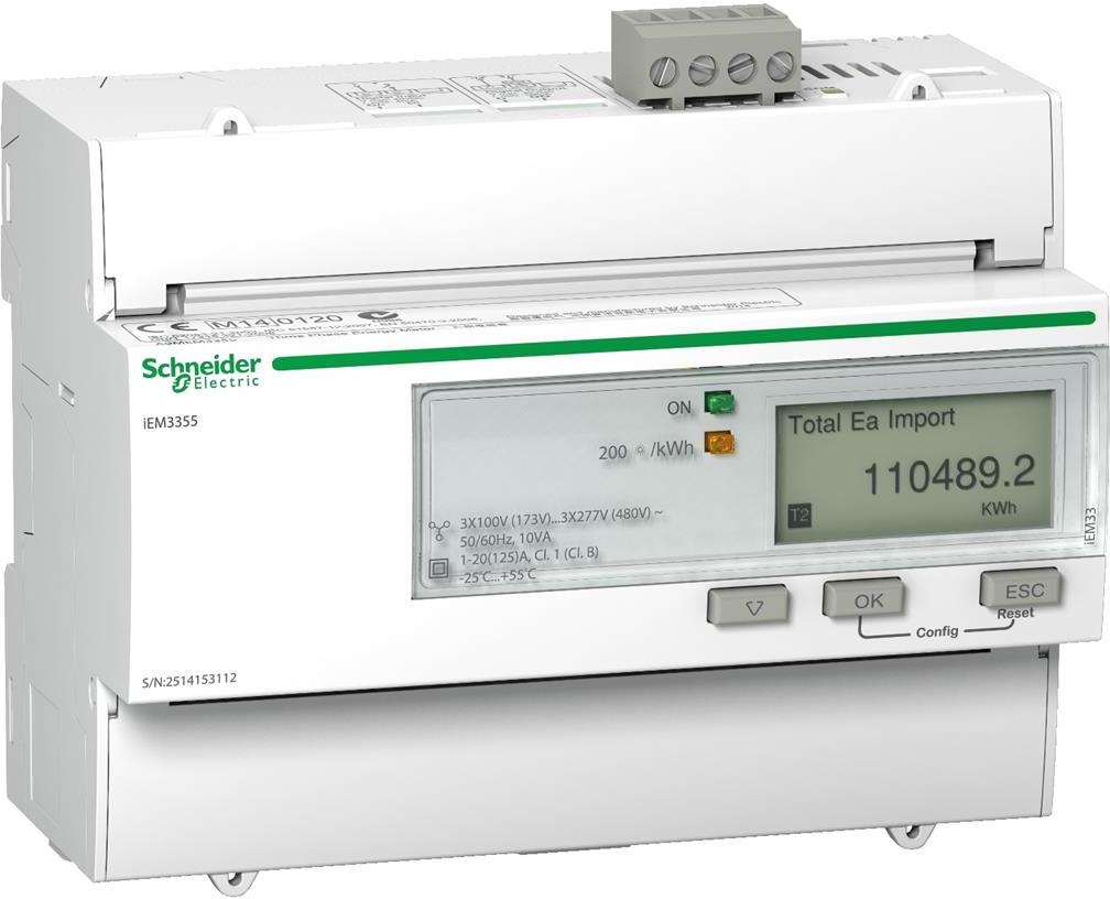 Трифазен електромер за ДИРЕКТНО мерене на ел. енергия Acti 9 iEM, Modbus, до 4 тарифи, за DIN монтаж 7 мод, 125A, MID SE, SCHNEIDER ELECTRIC НИСКО НАПРЕЖЕНИЕ, A9MEM3355